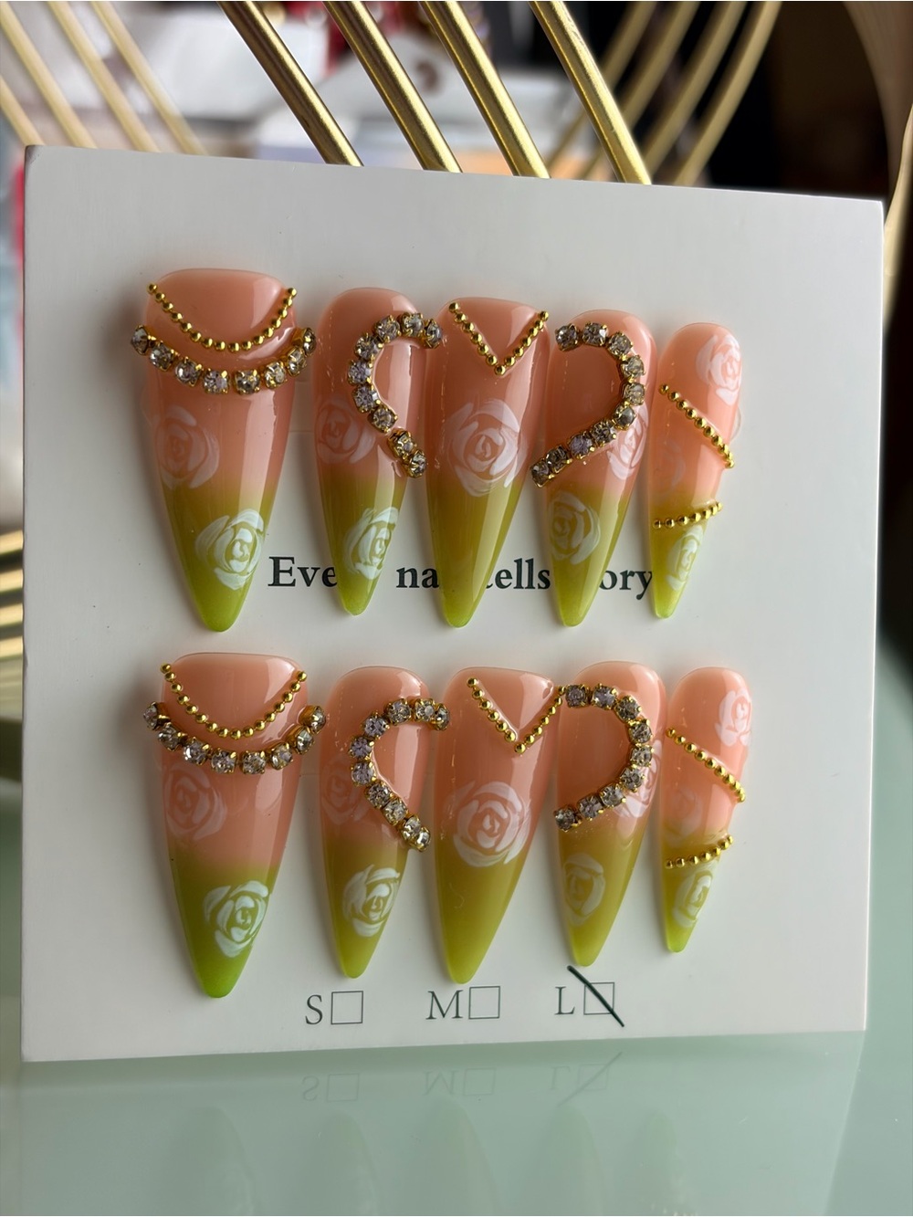 Peach & Lime Ombre Stiletto Press-On Nails with Rhinestone Hearts Large